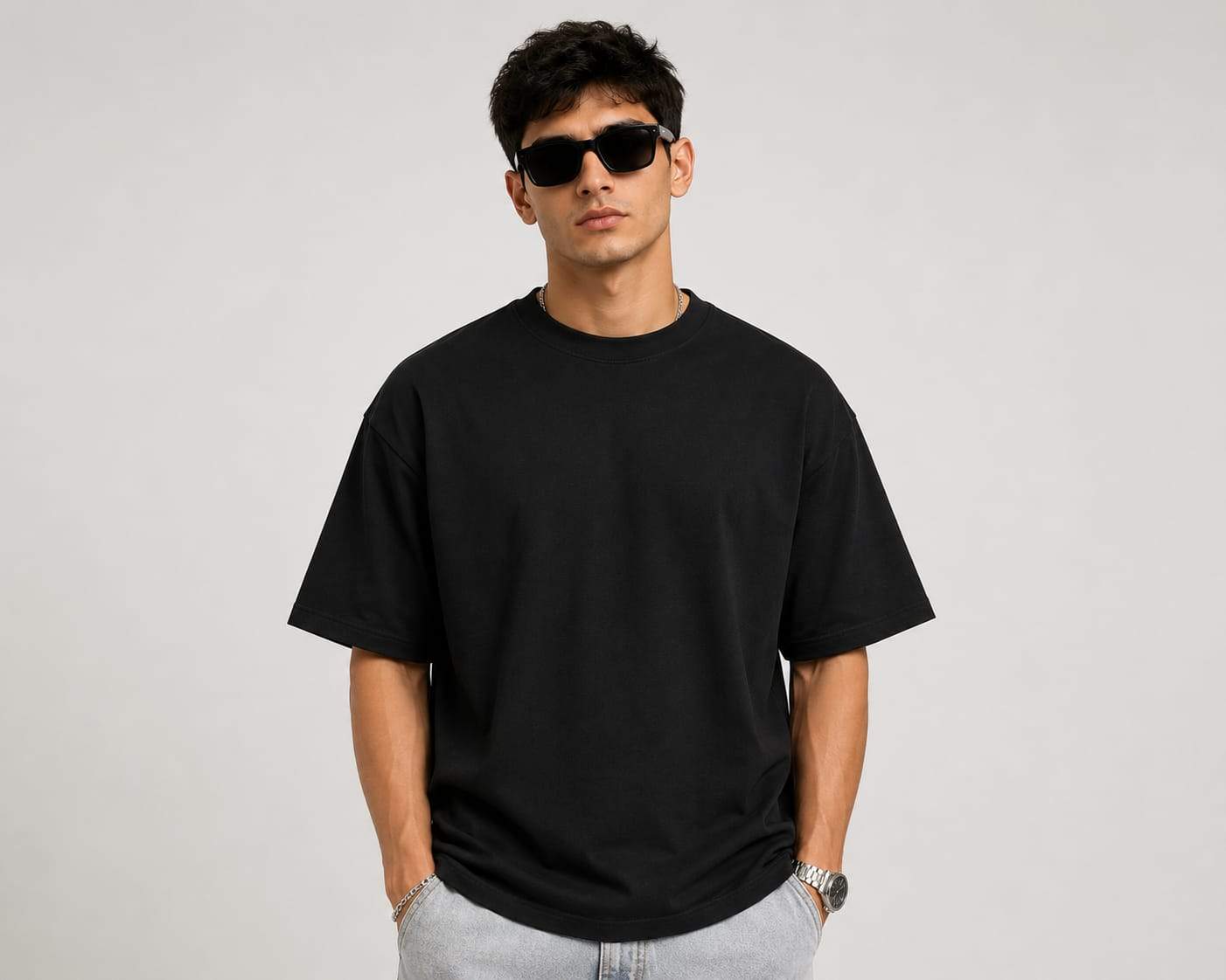 Black Oversized T-Shirt for Men | 200 GSM Premium Cotton | Round Neck Half Sleeve